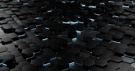 Black blue hexagons background pattern 3D rendering. sci-fi background