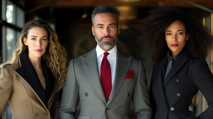 Fashionable group of diverse business professionals in formal attire. One man and two women portrait.