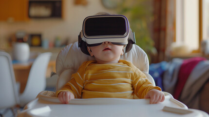 Fototapeta na wymiar Baby inside a high chair wearing VR goggles, looking straight while watching cartoons. Distracted from real life at young age.