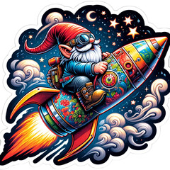 Fantasy Space Gnome on Colorful Rocket - Magical Cosmic Adventure Illustration