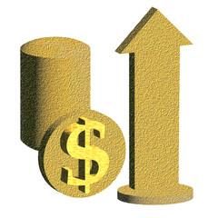 Illustration. Clipart. Symbols. Dollar gold coin, gold cylinder and gold arrow on a white background.