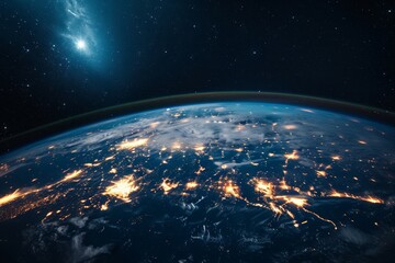 earth hour on planet, view from space, minimal light, copy space, 3d - obrazy, fototapety, plakaty