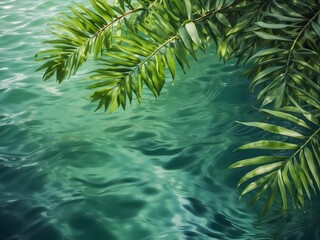 Pine branches on water with green background, celebrating Christmas in a serene winter forest setting