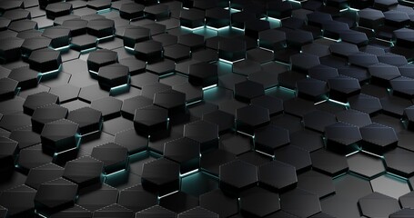 Obraz premium Black blue hexagons background pattern 3D rendering. sci-fi background