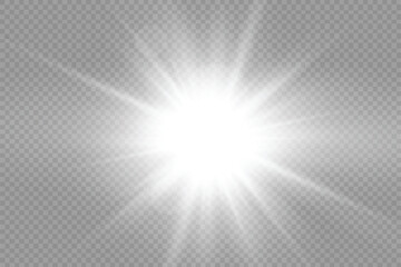 White bright star glowing light burst sun rays flare of sunlight with glare bokeh. Vector illustration - obrazy, fototapety, plakaty