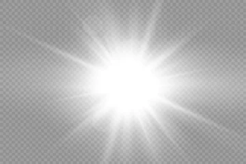 Poster White bright star glowing light burst sun rays flare of sunlight with glare bokeh. Vector illustration © Ibrahim