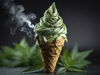 Cannabis bud ice cream cone icecream spiral cone cannabis flower sprinkles colors intricate	
