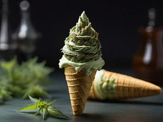 Cannabis bud ice cream cone icecream spiral cone cannabis flower sprinkles colors intricate 
