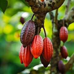 close-up of a fresh ripe cacao hang on branch tree. autumn farm harvest and urban gardening concept with natural green foliage garden at the background. selective focus