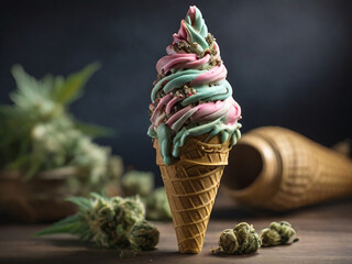 Cannabis bud ice cream cone icecream spiral cone cannabis flower sprinkles colors intricate 
