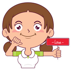 girl holding heart signs playful face cartoon cute