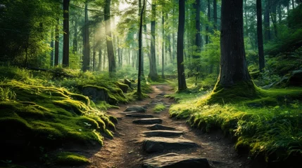 Foto op Plexiglas A path walkway through a forest © Cloudyew