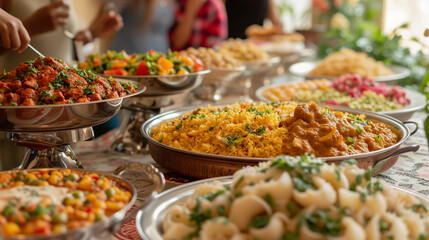 Obraz premium Variety of large home cooked dishes of multicultural meals.