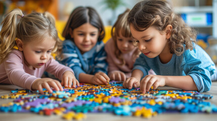 Group of young kids, first graders in school working on a large puzzle, Teamwork and working together to get the job done.