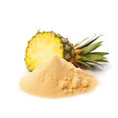 close up pile of finely dry organic fresh raw pineapple powder isolated on white background. bright colored heaps of herbal, spice or seasoning recipes clipping path. selective focus