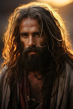 Retrato de Jesucristo con barba y pelo largo. Religi&oacute;n,  creencias y fe.