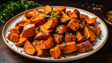 A plate of roasted sweet potatoes with a sprinkle of herbs