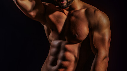 Muscular body. Muscular man. Male body, muscle shape, strong man. Athletic man posing shirtless. Gay with naked torso. Muscular model. Sport men body concept. Muscular power. Strong and sexy. - obrazy, fototapety, plakaty