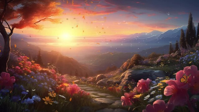 wood with beautiful spring flowers at sunset. sunrise in the mountains. seamless looping overlay 4k virtual video animation background 