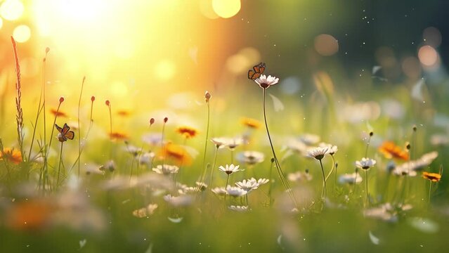vegetative background with wildflowers panorama. field of flowers. seamless looping overlay 4k virtual video animation background 
