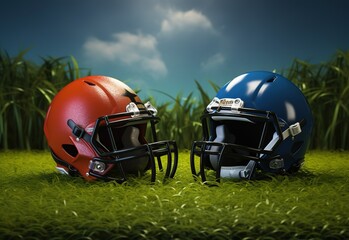 Two football helmets with red and blue helmets on a background
