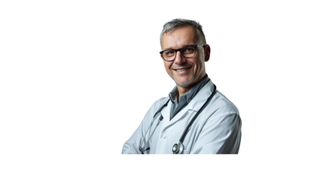 A confident and smiling healthcare professional, wearing a handsome uniform ,embodies the essence of a dedicated and serious practitioner in a hospital setting. isolate on white