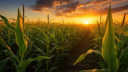 harvest corn field at sunset