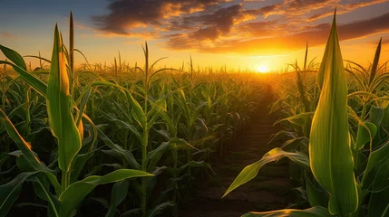 Deurstickers harvest corn field at sunset © PikePicture