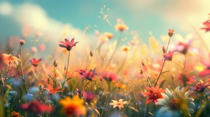 Beautiful spring meadow with colorful flowers. Colorful nature background