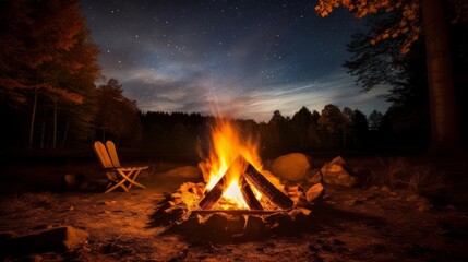 A campfire casting a warm glow on a starry night