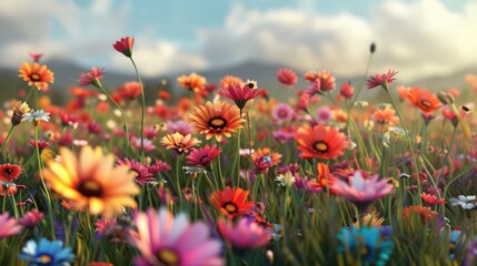 Obraz premium Colorful flowers in the meadow at sunset. Natural background.