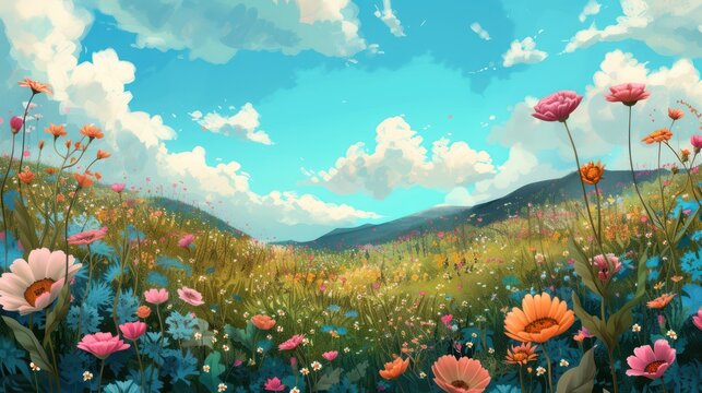 Summer meadow with wild flowers and blue sky with clouds - digital painting