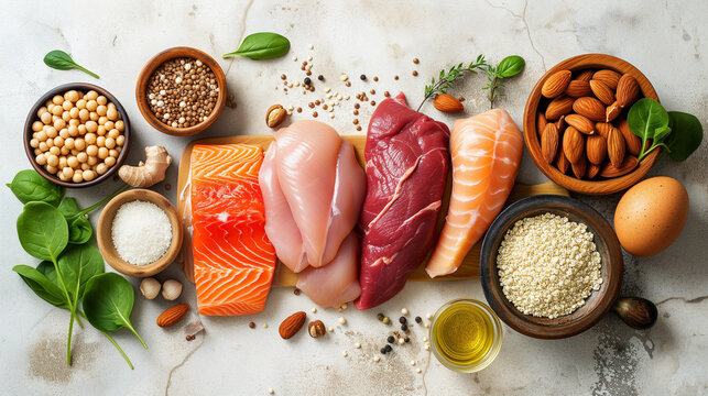 Selection of food protein sources on a white stone background. Top down studio photography.