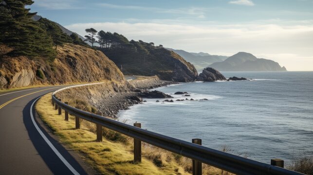 A coastal road with a serene, calm sea