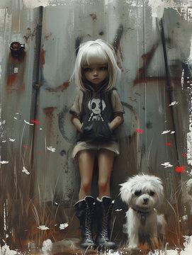 Illustration d'une petite fille avec un petit chien blanc