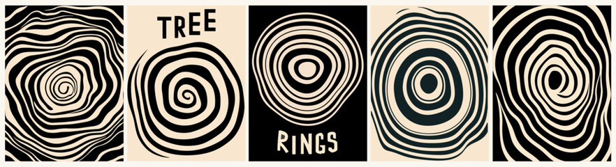 Set of modern abstract contemporary wall art, beige and black posters with tree rings drawings. Vector monochrome simple stylized illustrations for Scandinavian, Japandi style interior decoration. - obrazy, fototapety, plakaty