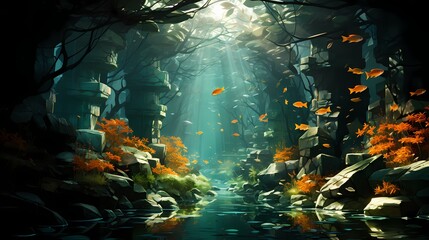 Fototapeta na wymiar A surreal underwater scene with exotic fish swimming in a sea of emerald green