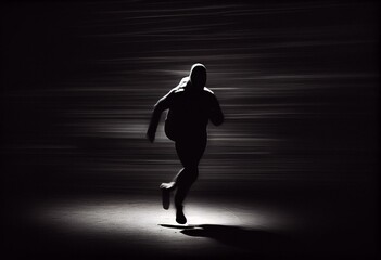 Shadowy figure running in the dark, motion blur, noir aesthetic, black and white, crime, thief, spy, stalker. Generative AI