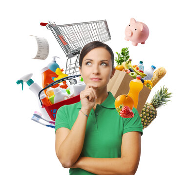 Young woman thinking about grocery shopping