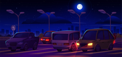 Cars parked in public city parking lot at night. Cartoon vector dark dusk landscape with vehicles stand on asphalt road with signs and zone layout under moon light with town skyscrapers on background.