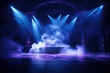 Empty scene with blue purple neon stage spotlight, Modern dance stage light background with spotlight illuminated for modern dance production stage, AI generated