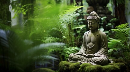 A meditating buddha sculpture amidst lush greenery