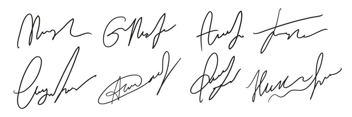 Set of fake autographs. Hand writing, black ink. Vector