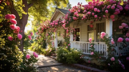 Fototapeta na wymiar A quaint cottage garden with roses in full bloom