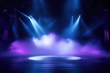 Empty scene with blue purple neon stage spotlight, Modern dance stage light background with spotlight illuminated for modern dance production stage, AI generated