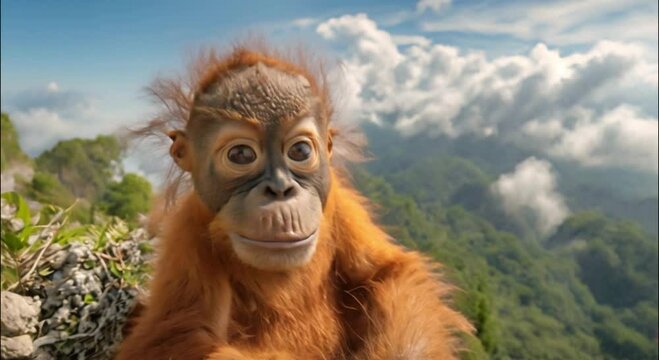 orangutan on a rock at the top of a mountain footage