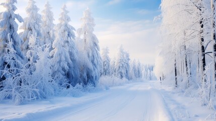 Fototapeta na wymiar A road through a winter wonderland with snow covered trees