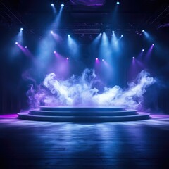 Fototapeta na wymiar Empty scene with blue purple neon stage spotlight, Modern dance stage light background with spotlight illuminated for modern dance production stage, AI generated