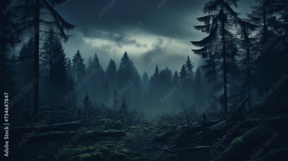 Canvas Prints A sinister forest at dusk with fog rolling in