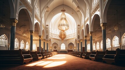 A serene view of a mosque's domed interior